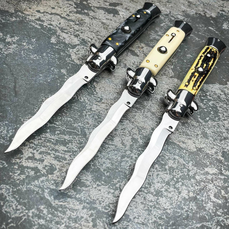 8.75" Italian Stiletto Switch Kris Blade Pocket Knife - BLADE ADDICT