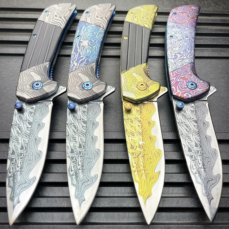 8" Heavy Titanium Damascus Etched Stainless Steel Spring Assisted Pocket Knife - BLADE ADDICT