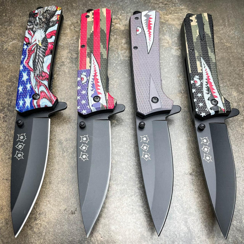 8" Military Shark Head Tactical Spring Assisted Pocket OPEN Folding Knife Blade - BLADE ADDICT