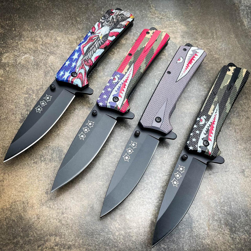 8" Military Shark Head Tactical Spring Assisted Pocket OPEN Folding Knife Blade - BLADE ADDICT