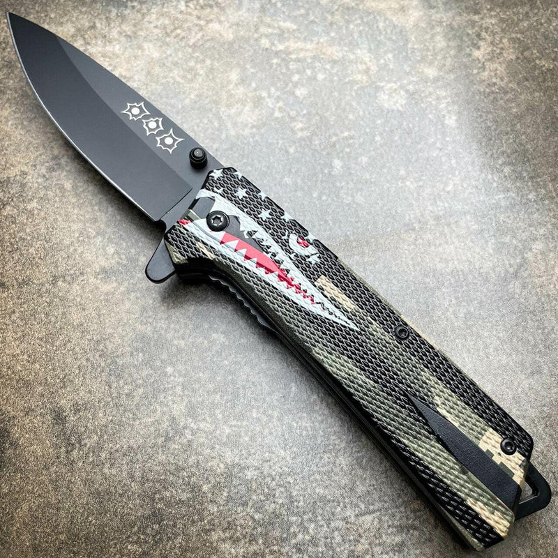 8" Military Shark Head Tactical Spring Assisted Pocket OPEN Folding Knife Blade - BLADE ADDICT