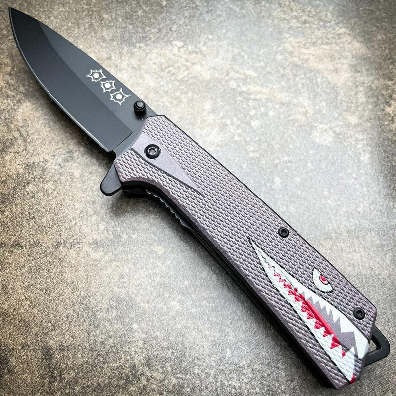 8" Military Shark Head Tactical Spring Assisted Pocket OPEN Folding Knife Blade - BLADE ADDICT