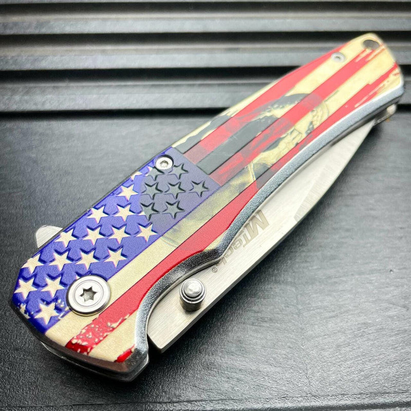 8" MTECH USA Skull American Flag Spring Assisted PATRIOT Folding Pocket Knife - BLADE ADDICT