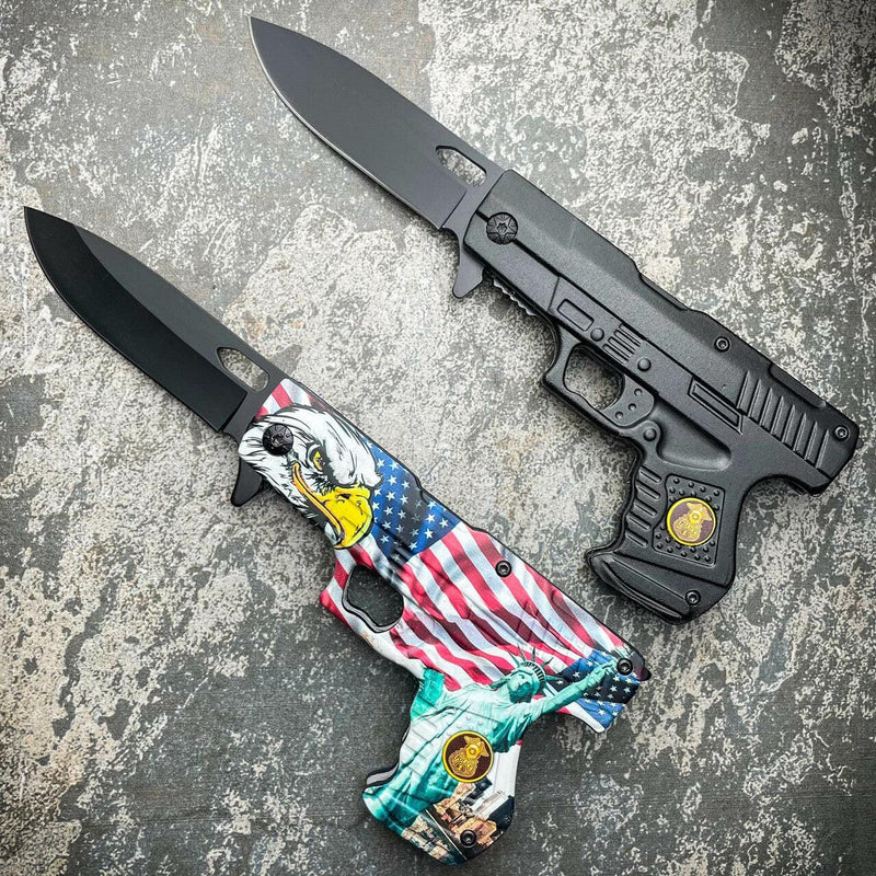8" POLICE HAND PISTOL Gun Folding Assisted Pocket Knife - BLADE ADDICT