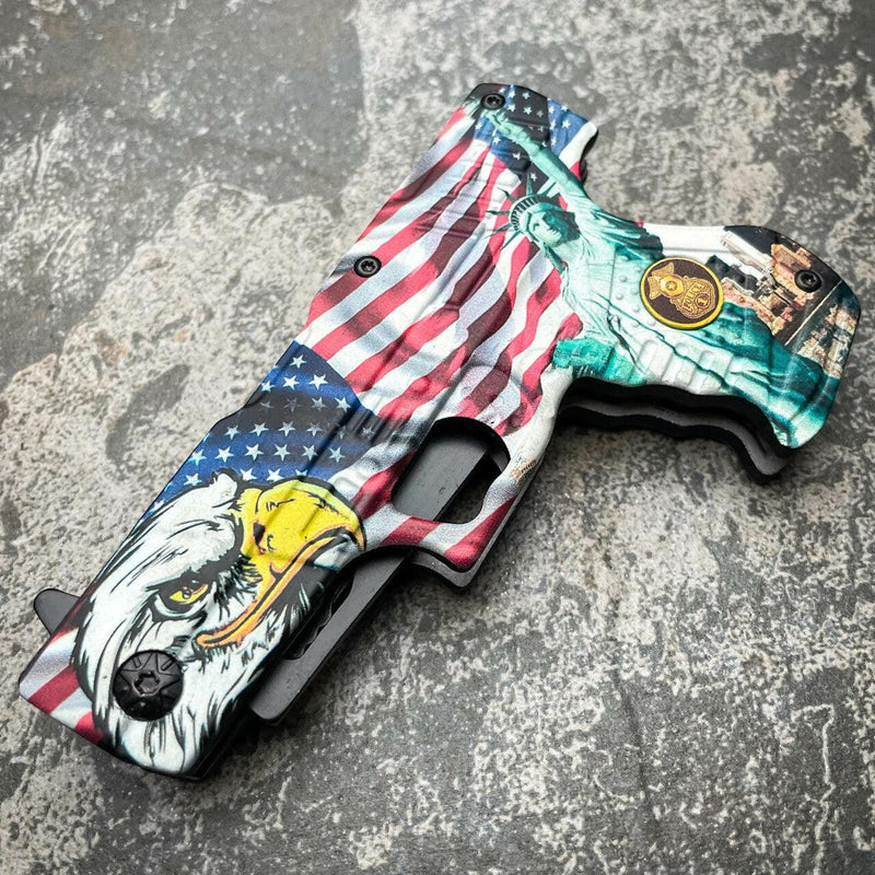 8" POLICE HAND PISTOL Gun Folding Assisted Pocket Knife - BLADE ADDICT
