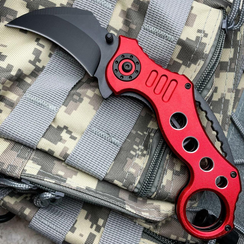 8" Red Spring Assisted Karambit Pocket Knife - BLADE ADDICT