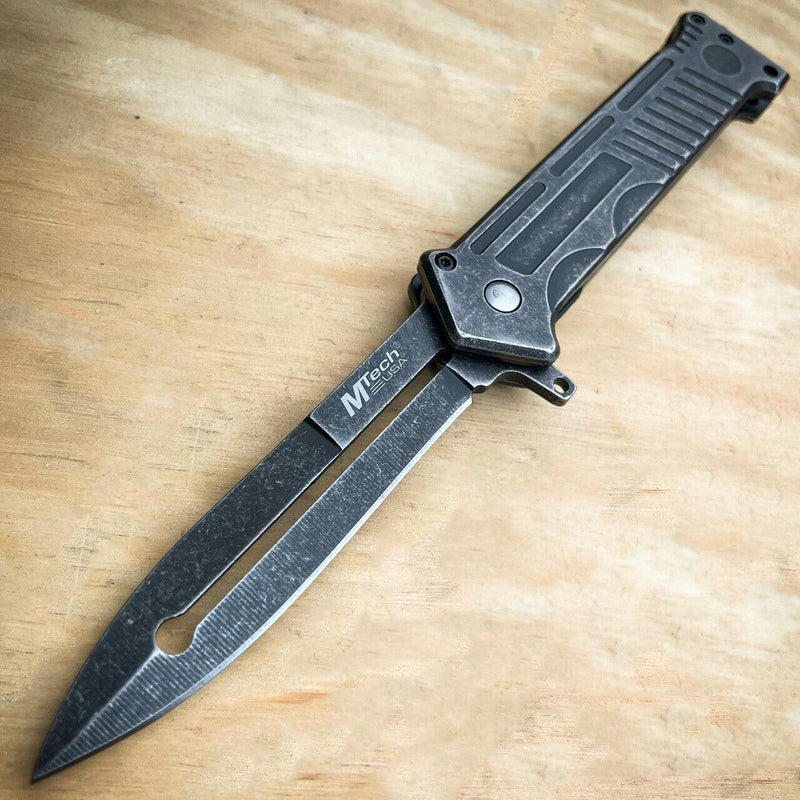 8" STONEWASH Tactical Pocket Knife w Glass Breaker - BLADE ADDICT