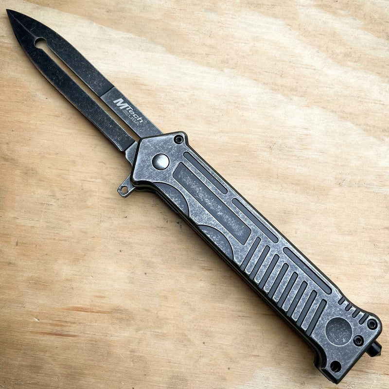8" STONEWASH Tactical Pocket Knife w Glass Breaker - BLADE ADDICT