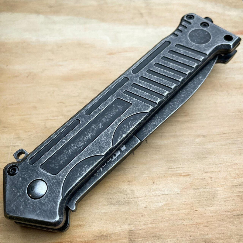 8" STONEWASH Tactical Pocket Knife w Glass Breaker - BLADE ADDICT