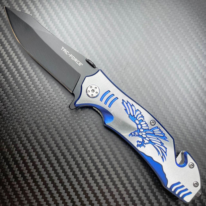 8" Tactical Fantasy Blue EAGLE Spring Assisted Open Rescue Folding Pocket Knife - BLADE ADDICT