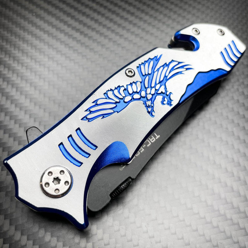 8" Tactical Fantasy Blue EAGLE Spring Assisted Open Rescue Folding Pocket Knife - BLADE ADDICT