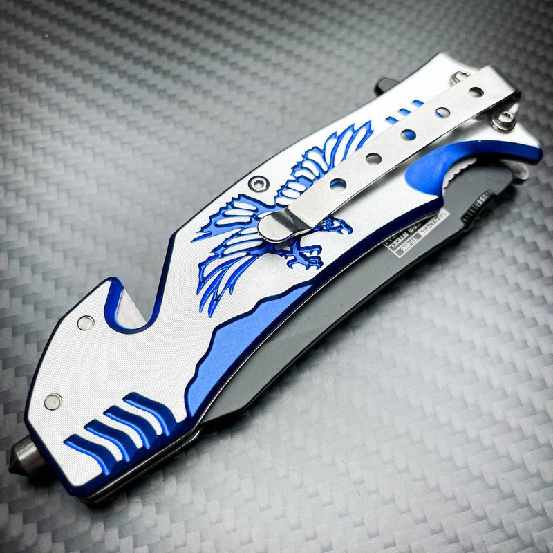 8" Tactical Fantasy Blue EAGLE Spring Assisted Open Rescue Folding Pocket Knife - BLADE ADDICT