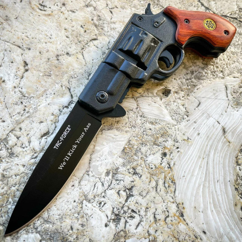 8" Tactical HAND PISTOL Revolver Gun Metal Folding Assisted WOOD Pocket Knife - BLADE ADDICT