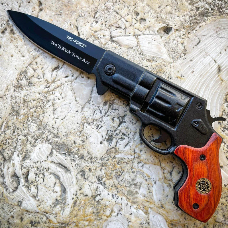 8" Tactical HAND PISTOL Revolver Gun Metal Folding Assisted WOOD Pocket Knife - BLADE ADDICT