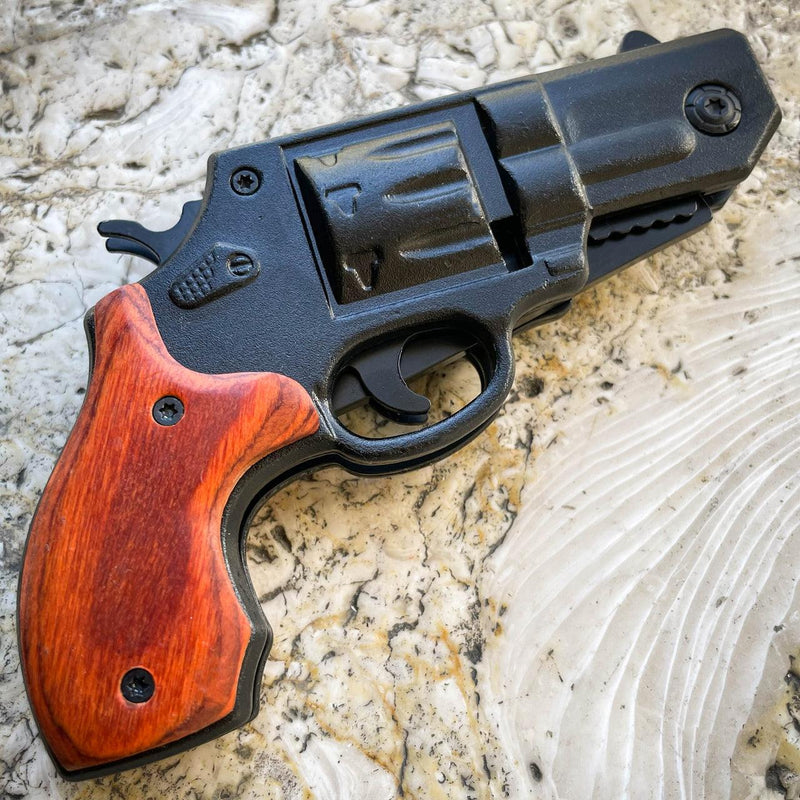 8" Tactical HAND PISTOL Revolver Gun Metal Folding Assisted WOOD Pocket Knife - BLADE ADDICT