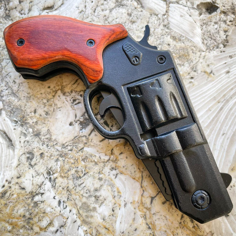 8" Tactical HAND PISTOL Revolver Gun Metal Folding Assisted WOOD Pocket Knife - BLADE ADDICT