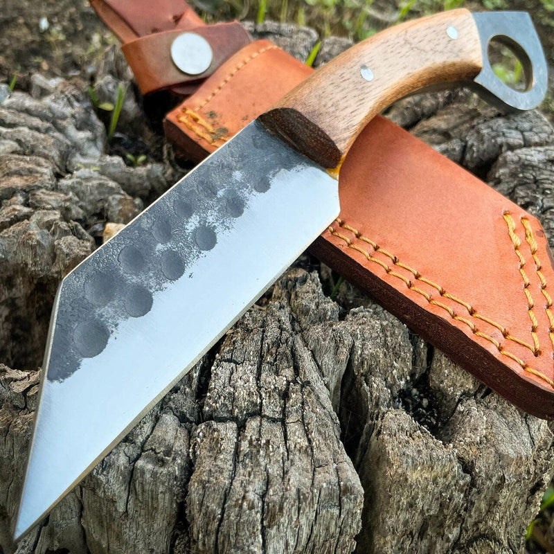 9.5" Hand Forged Ring Seax Carbon Steel Cleaver Hunting Knife Fixed Blade w Wood - BLADE ADDICT