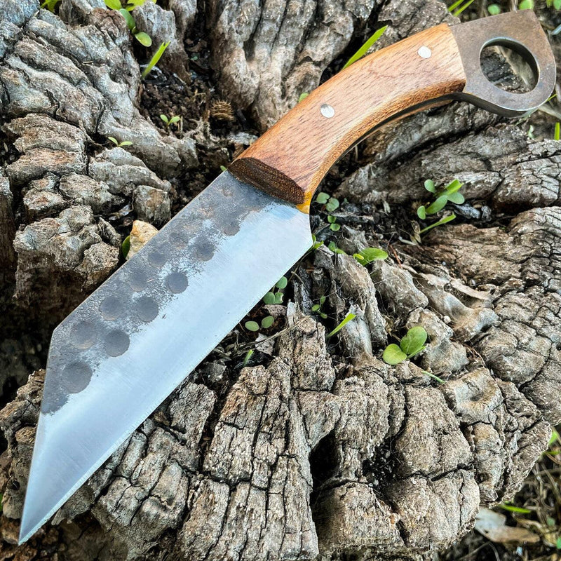 9.5" Hand Forged Ring Seax Carbon Steel Cleaver Hunting Knife Fixed Blade w Wood - BLADE ADDICT