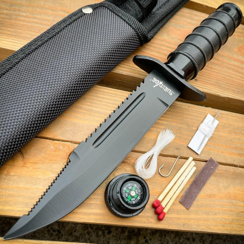 9.5" Tactical Hunting Army Rambo Fixed Blade Knife Machete Bowie w Survival Kit Black - BLADE ADDICT