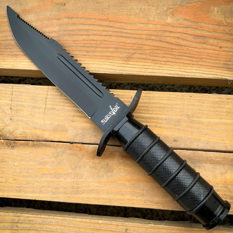 9.5" Tactical Hunting Army Rambo Fixed Blade Knife Machete Bowie w Survival Kit Black - BLADE ADDICT