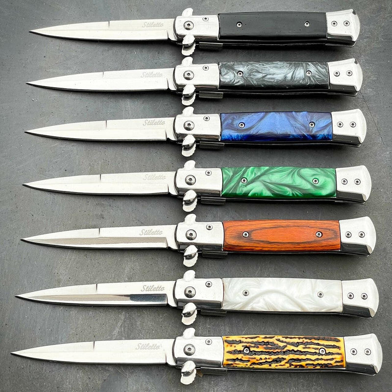 9" Classic Italian Style Stiletto Folding Spring Assisted Open Pocket Knife - BLADE ADDICT