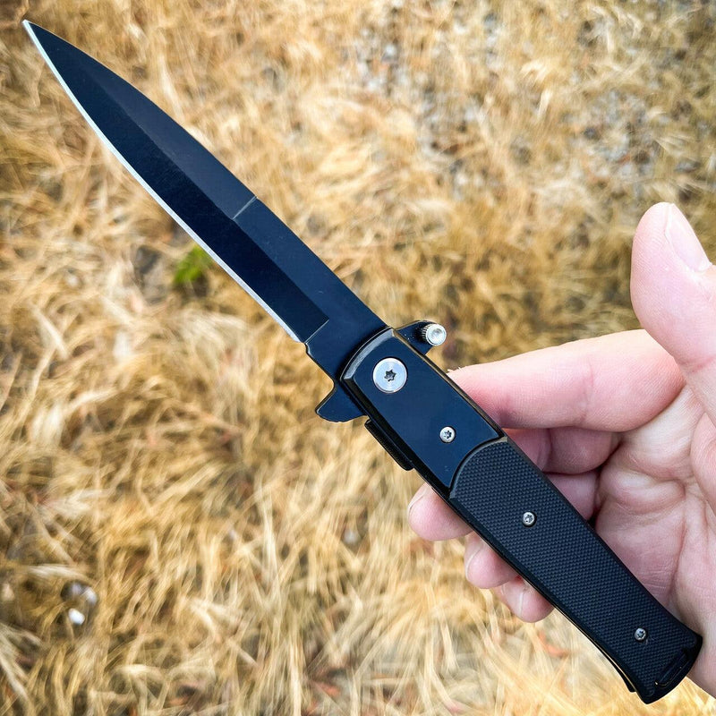 9" Italian Milano Stiletto Tactical Spring Assisted Open Pocket Knife G10 Black - BLADE ADDICT