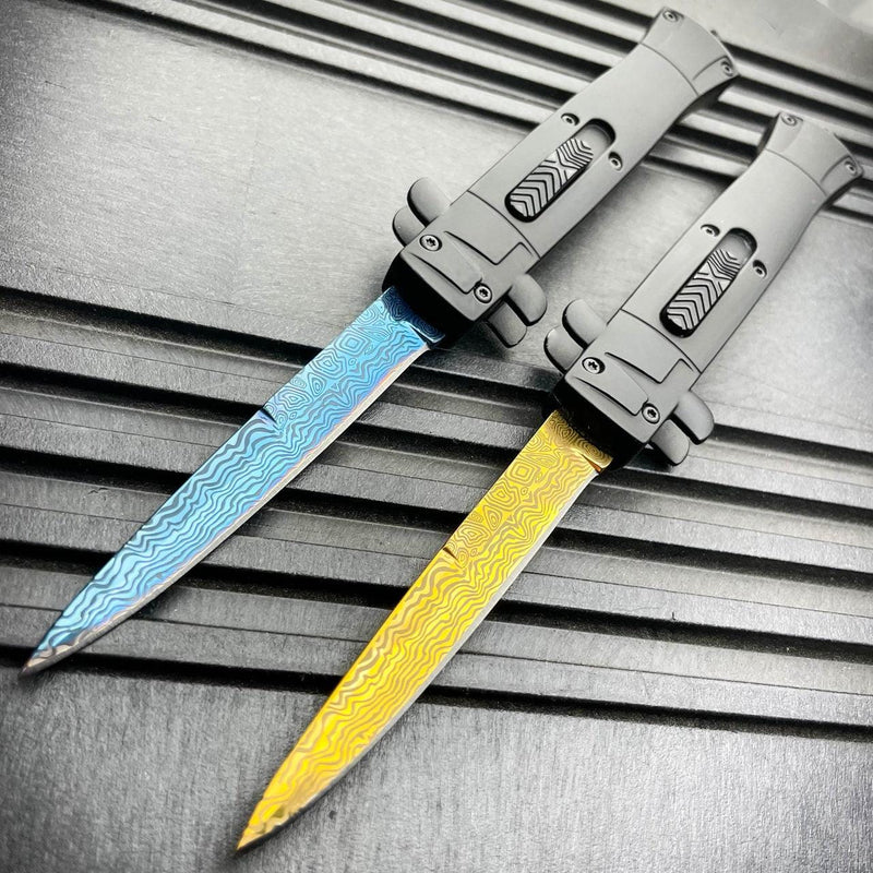 9" Italian Stiletto Style OTF Knife Damascus Etch - BLADE ADDICT