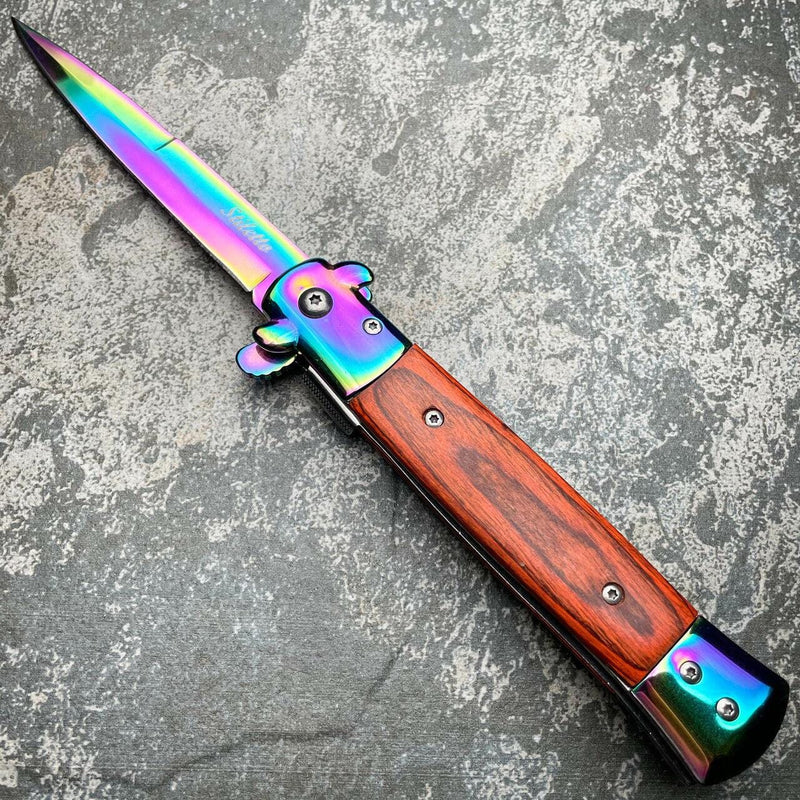 9" Italian Style Rainbow Spring Assisted Open Folding Stiletto Pocket Knife - BLADE ADDICT
