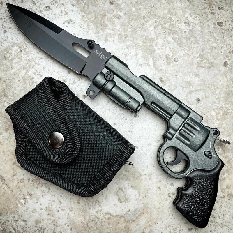 9" REVOLVER Tactical Pistol Replica Gun Spring OPEN Assisted Grey Pocket Knife - BLADE ADDICT