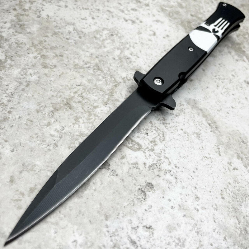 9" Stiletto Style Black Skull Spring Assisted Pocket Knife - BLADE ADDICT