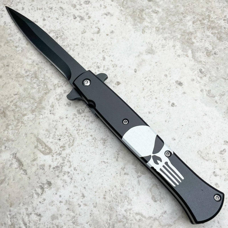 9" Stiletto Style Black Skull Spring Assisted Pocket Knife - BLADE ADDICT