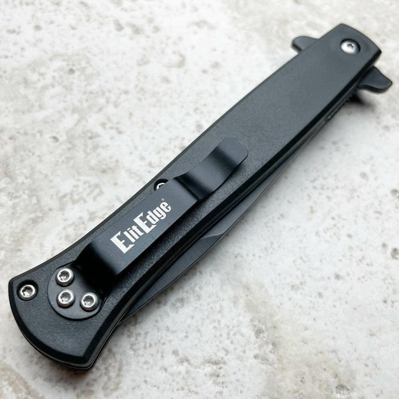 9" Stiletto Style Black Skull Spring Assisted Pocket Knife - BLADE ADDICT
