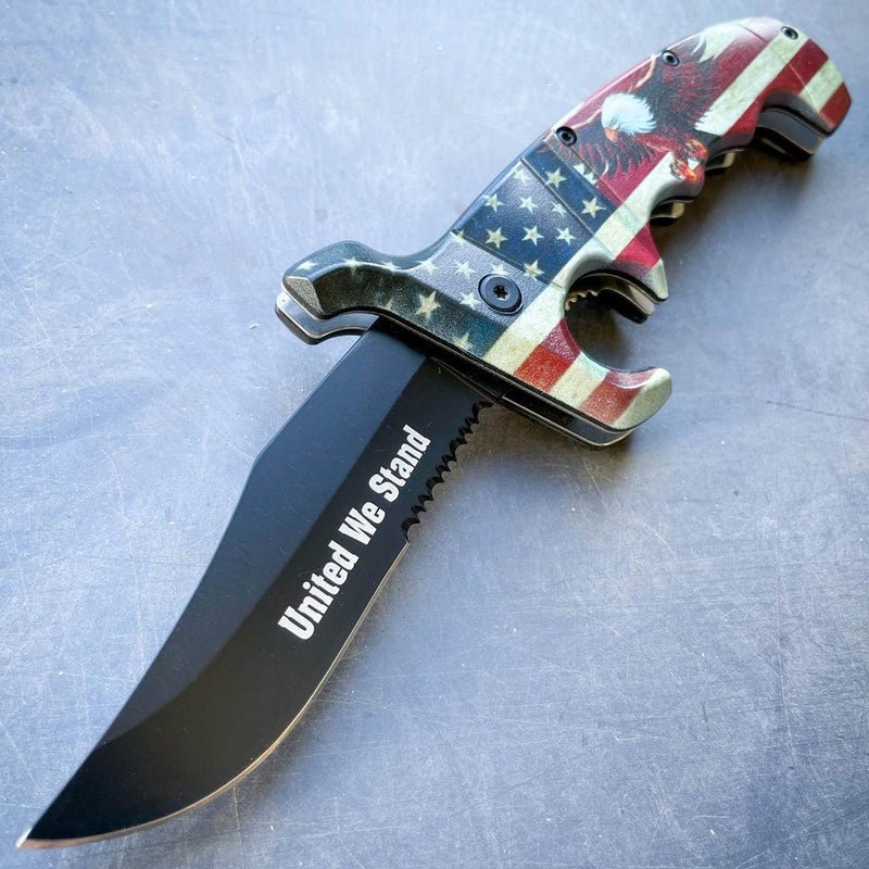 9" Outdoor Hunting Spring Assisted Open Folding Pocket Knife Bowie Style Blade Bald Eagle USA Flag - BLADE ADDICT