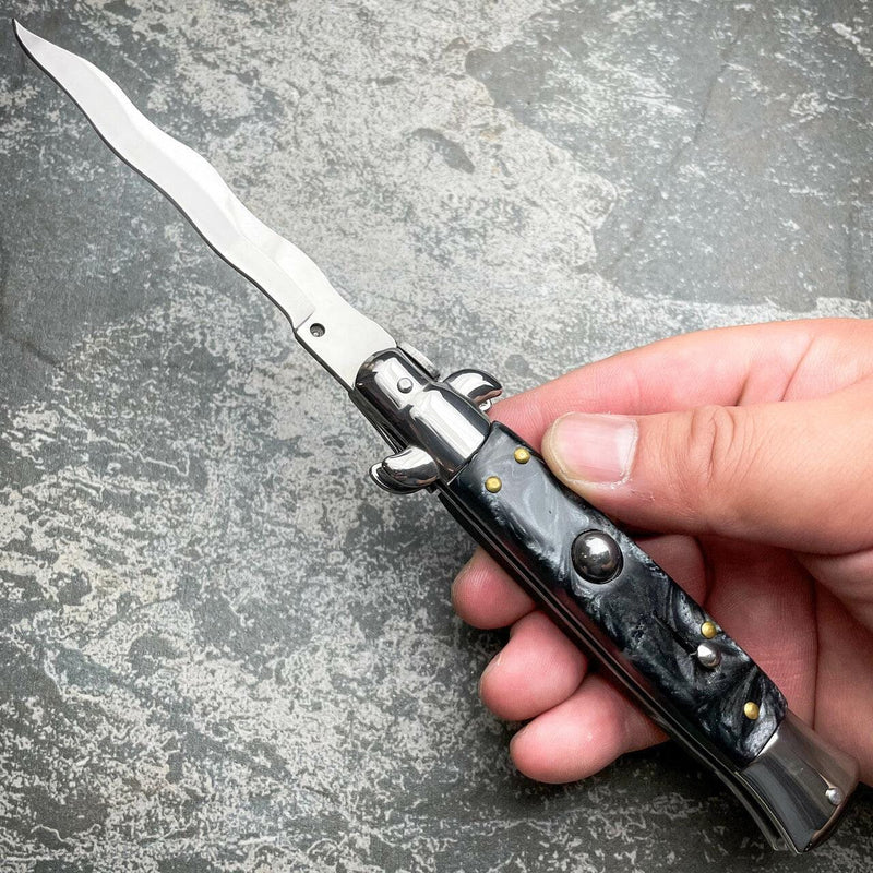 8.75" Italian Stiletto Switch Kris Blade Pocket Knife Black - BLADE ADDICT