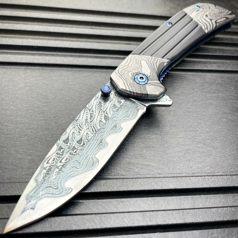 8" Heavy Titanium Damascus Etched Stainless Steel Spring Assisted Pocket Knife Black - BLADE ADDICT