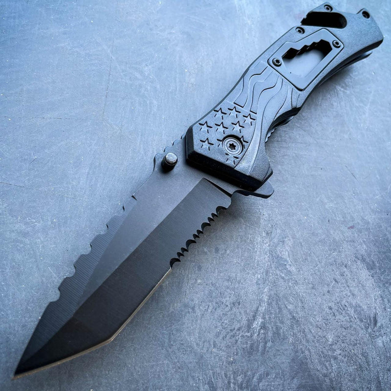 8" Military Tactical Spring Assisted Rescue Multi Tool Pocket OPEN Folding Knife Black - BLADE ADDICT