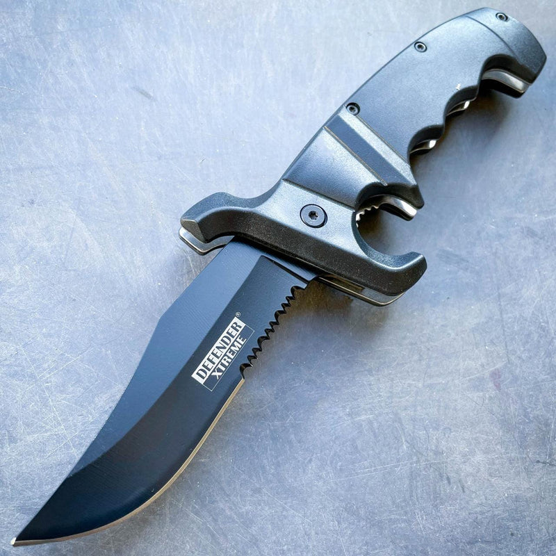 9" Outdoor Hunting Spring Assisted Open Folding Pocket Knife Bowie Style Blade Black - BLADE ADDICT