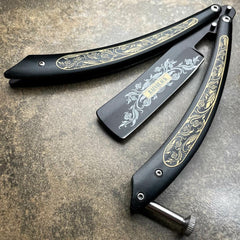 The Barber Balisong Butterfly Knife Straight Razor Black - BLADE ADDICT