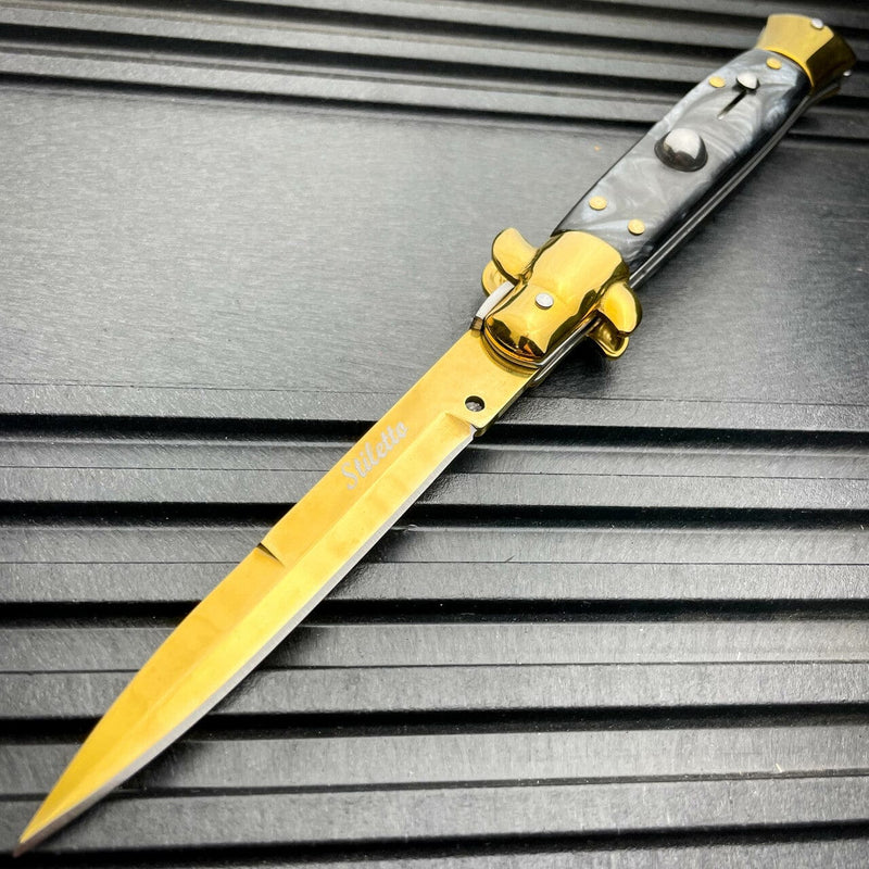 8.75" Italian Stiletto Switch Blade Auto Pocket Knife Black w/ Gold Blade - BLADE ADDICT