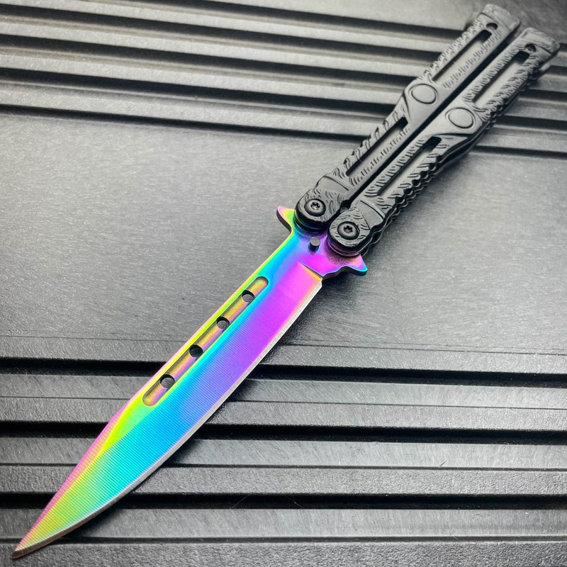 Axis Balisong Butterfly Knife Black w/ Rainbow Blade - BLADE ADDICT