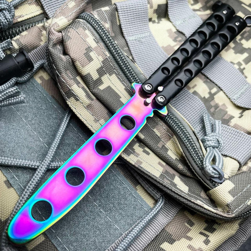 METAL High Quality Practice BUTTERFLY DULL BLADE FOLDING BALISONG TRAINER KNIFE Black w/ Rainbow - BLADE ADDICT