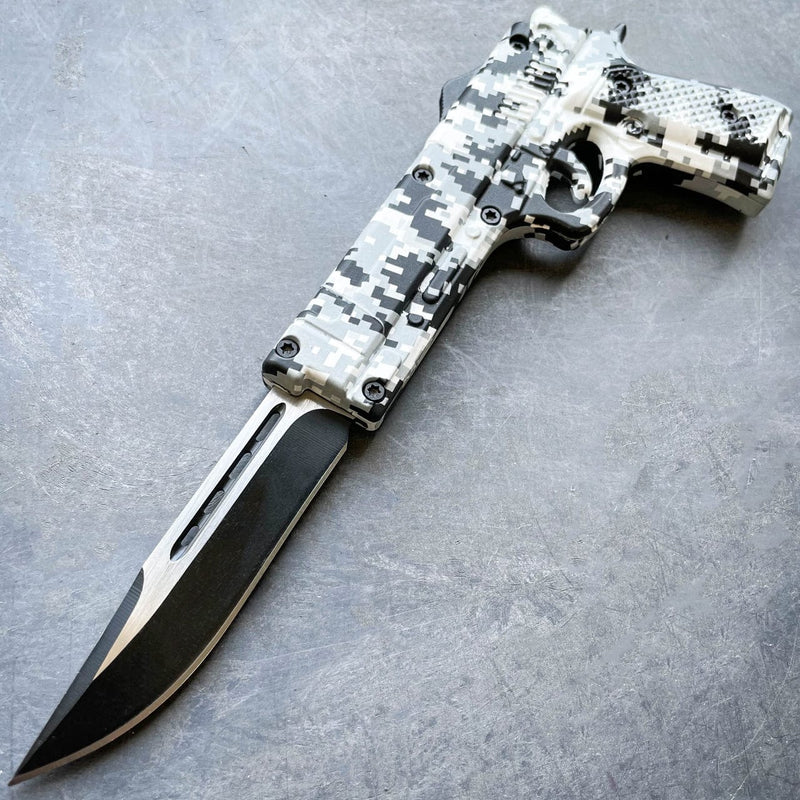 Pistol Style OTF Auto Knife Black/White Digi Camo - BLADE ADDICT