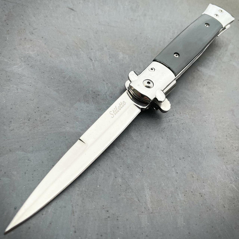 9" Classic Italian Style Stiletto Folding Spring Assisted Open Pocket Knife Black Wood - BLADE ADDICT