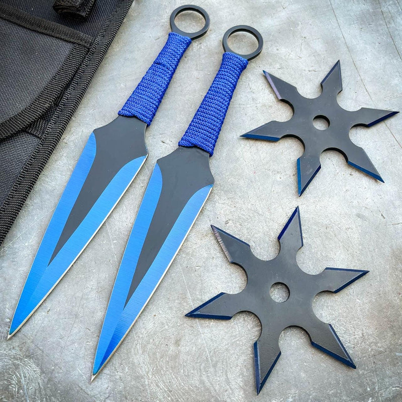 4 PC Ninja Throwing Knives Combo Star Shuriken Set Blue - BLADE ADDICT