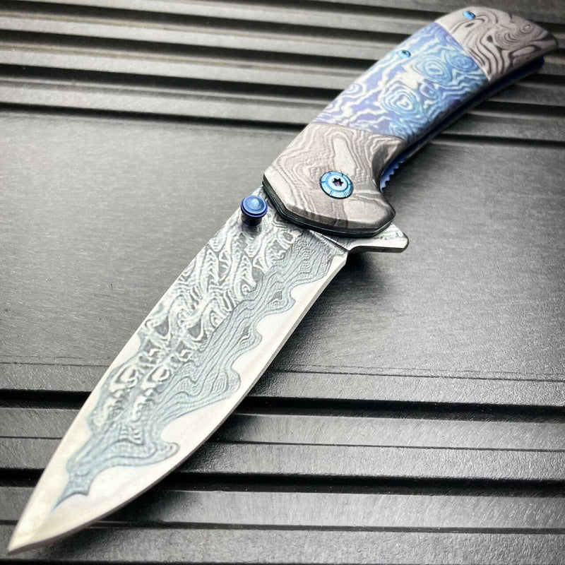 8" Heavy Titanium Damascus Etched Stainless Steel Spring Assisted Pocket Knife Blue - BLADE ADDICT