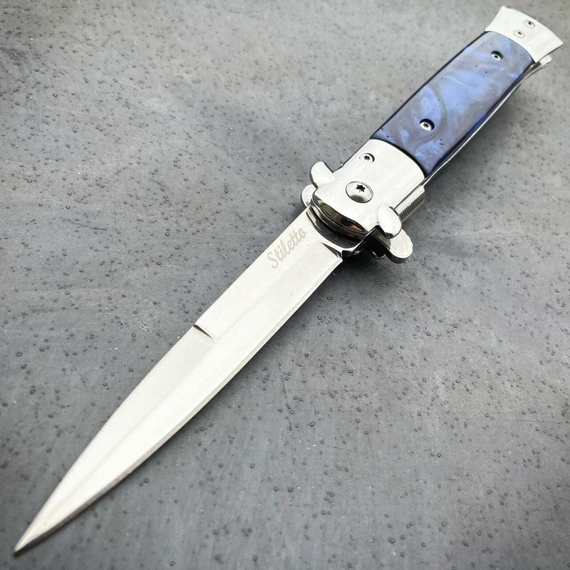 9" Classic Italian Style Stiletto Folding Spring Assisted Open Pocket Knife Blue - BLADE ADDICT