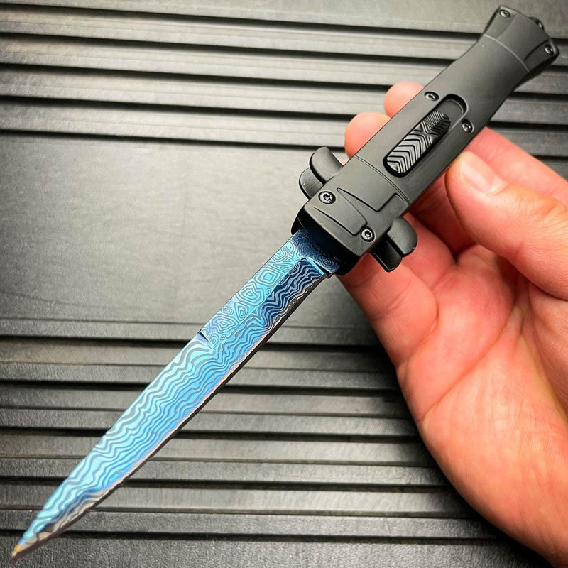 9" Italian Stiletto Style OTF Knife Damascus Etch Blue - BLADE ADDICT