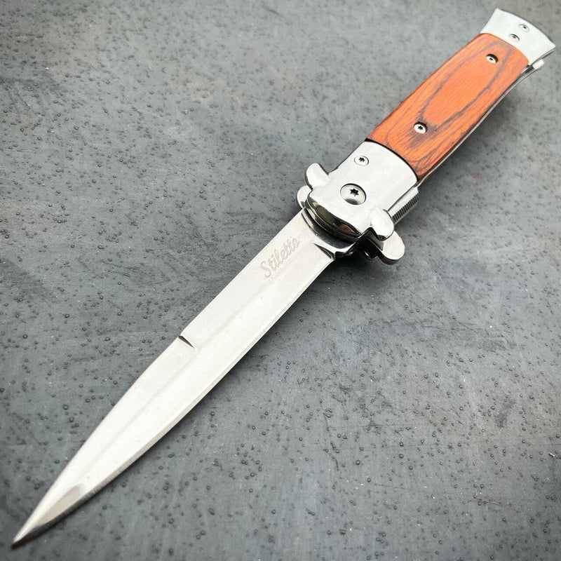 9" Classic Italian Style Stiletto Folding Spring Assisted Open Pocket Knife Brown - BLADE ADDICT