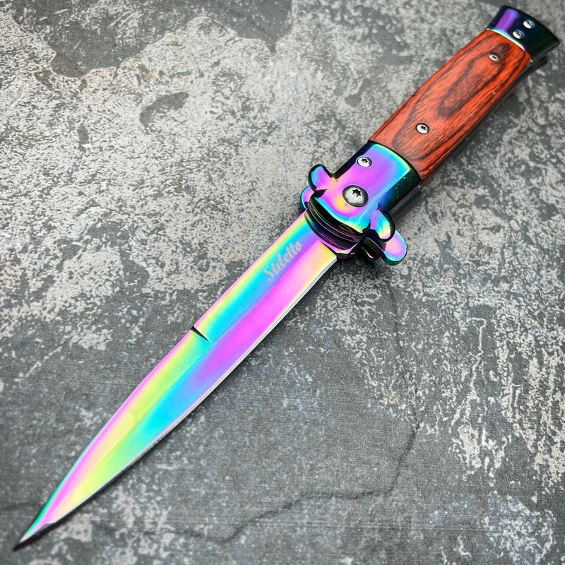 9" Italian Style Rainbow Spring Assisted Open Folding Stiletto Pocket Knife Brown - BLADE ADDICT