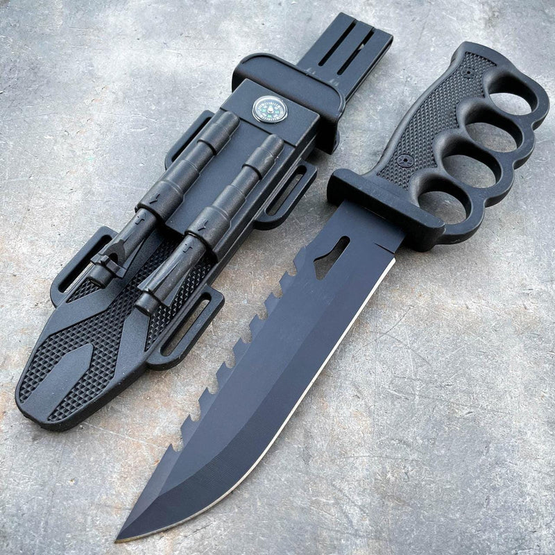 12.5" Survival Knuckle Fixed Blade w/ Compass, Fire Starter, Sharpening Rod Clip Point Blade - BLADE ADDICT
